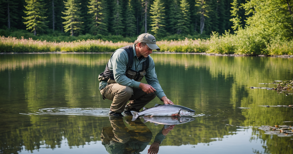 An angler releasing a silver salmon back into the water