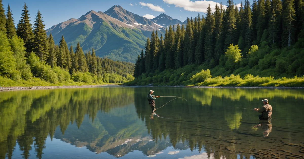 Anglers casting lines in a scenic Alaskan river