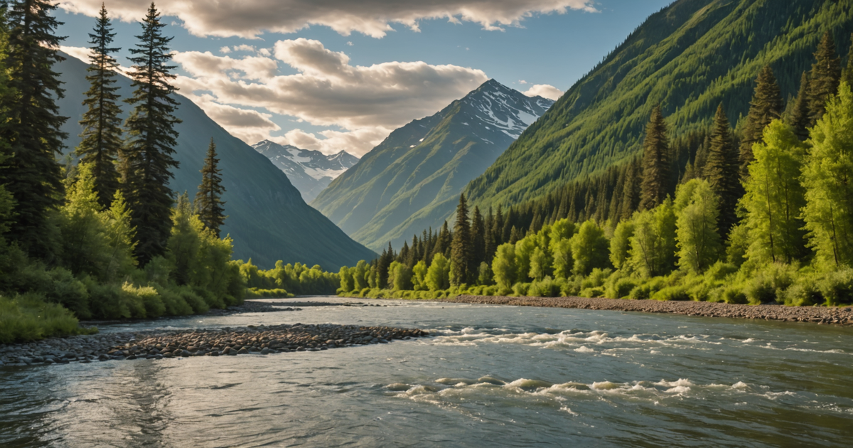 A scenic view of an Alaskan river during the salmon run, with anglers fishing along the banks.