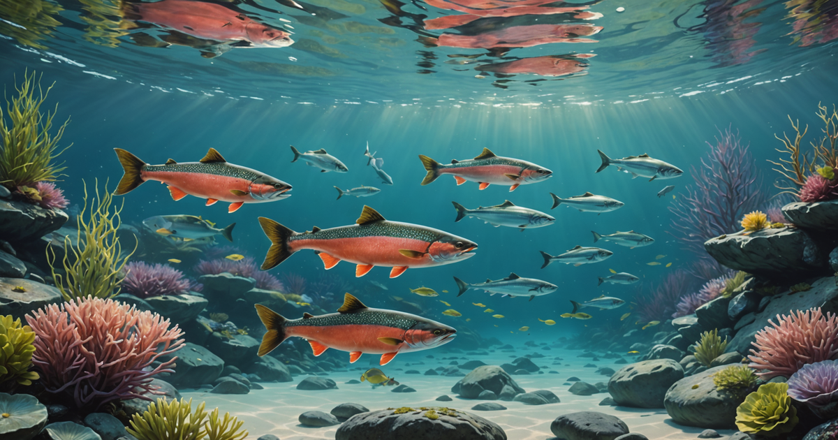 An informative illustration showing the different species of salmon found in Alaskan waters.