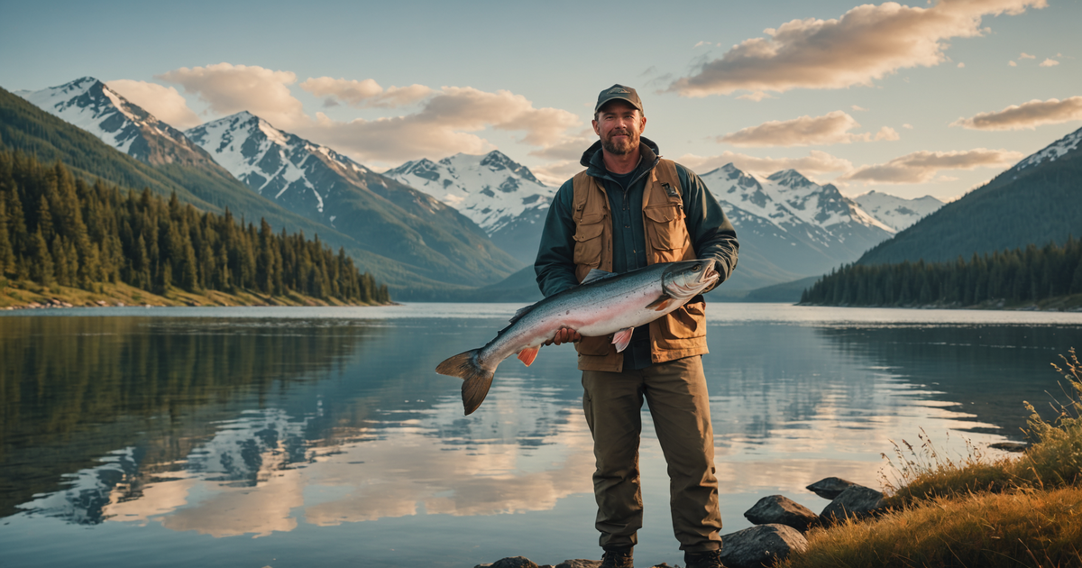 A fisherman holding a king salmon in front of the scenic Anchorage landscape