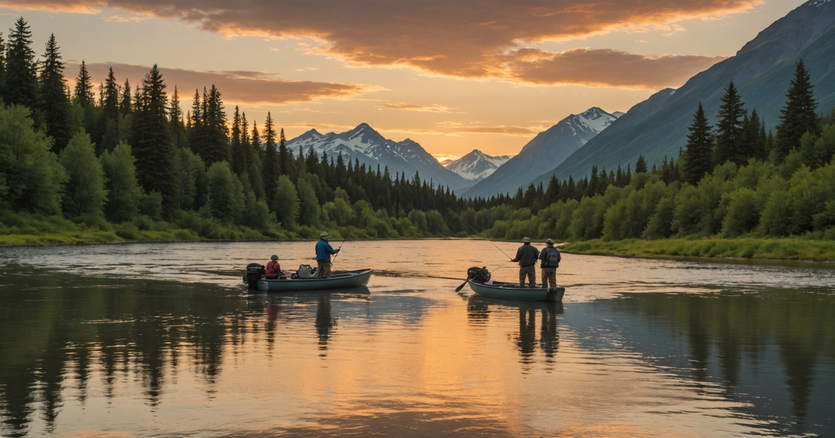 A stunning view of an Alaskan river with anglers fishing for king salmon