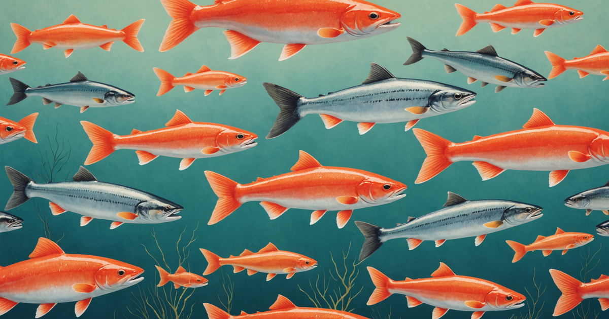 An illustration of the different salmon species with their distinctive features.