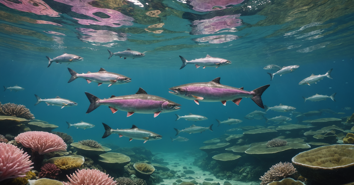 Illustration of the pink salmon life cycle, highlighting the transition from the ocean to freshwater and the development of the male's hump.