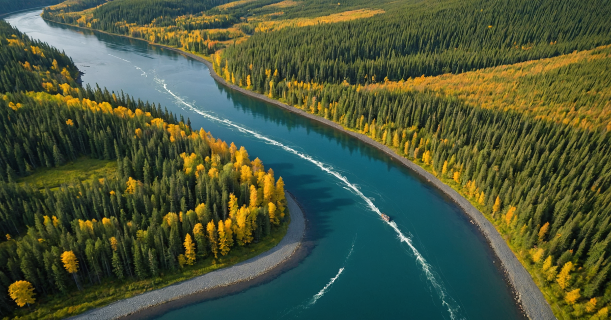 An aerial view of the Kenai River during the salmon run, showing anglers lined along the banks.