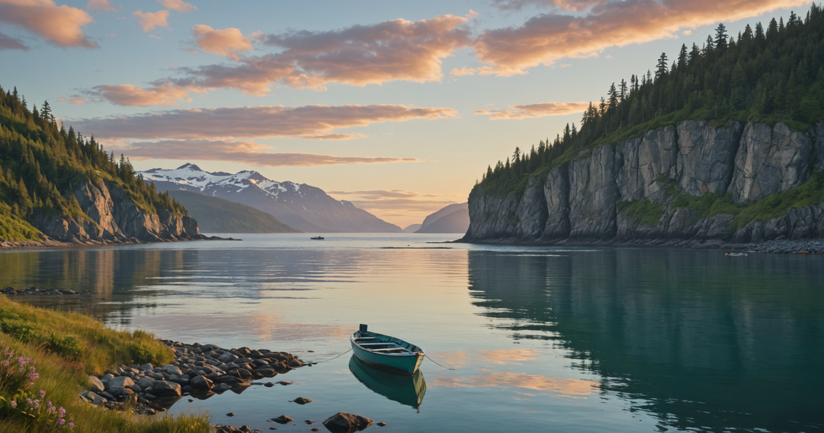 A tranquil Alaskan coastline with a boat observing marine life