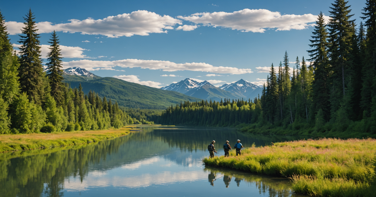 A scenic view of the Kenai River with anglers fishing for king salmon