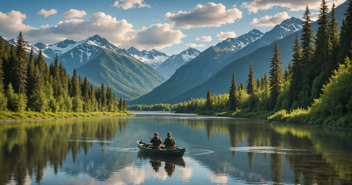 An angler drift fishing in a scenic Alaskan river