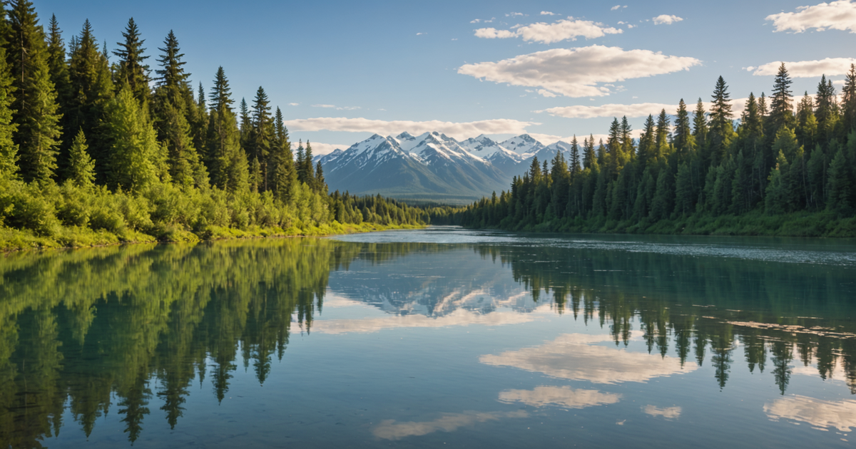 A serene view of the Kenai River with salmon leaping upstream