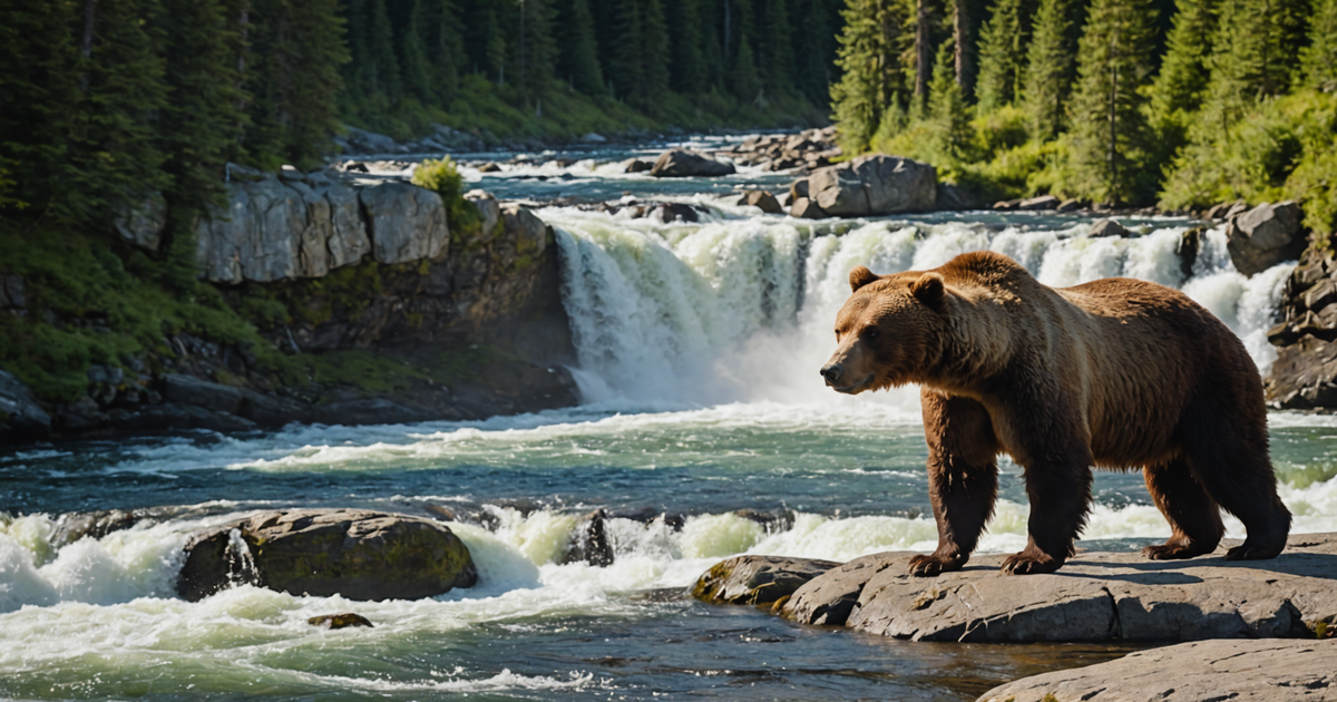 A brown bear catching a salmon at Brooks Falls