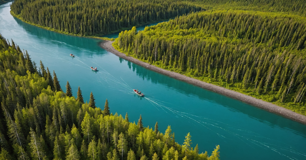 Aerial view of the Kenai River with anglers fishing for salmon.