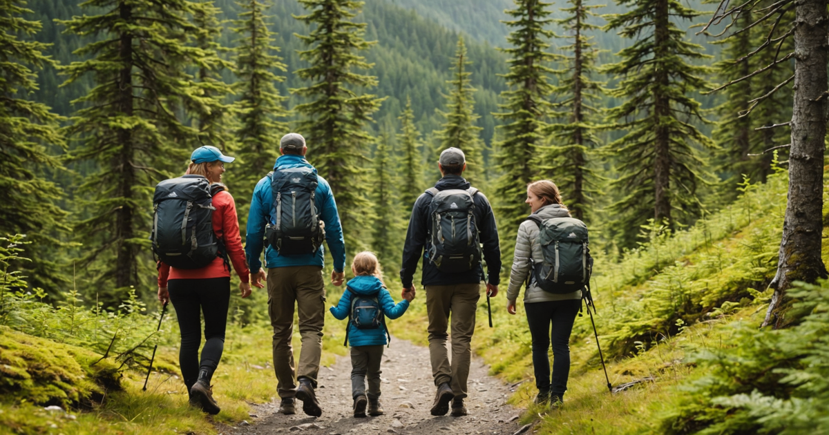 A family enjoying a guided hiking tour in the Alaskan wilderness.