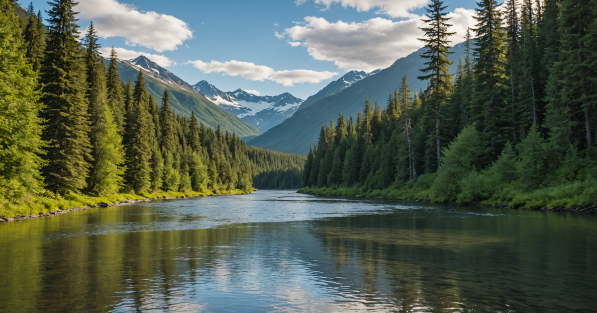 Scenic view of an Alaskan river teeming with salmon