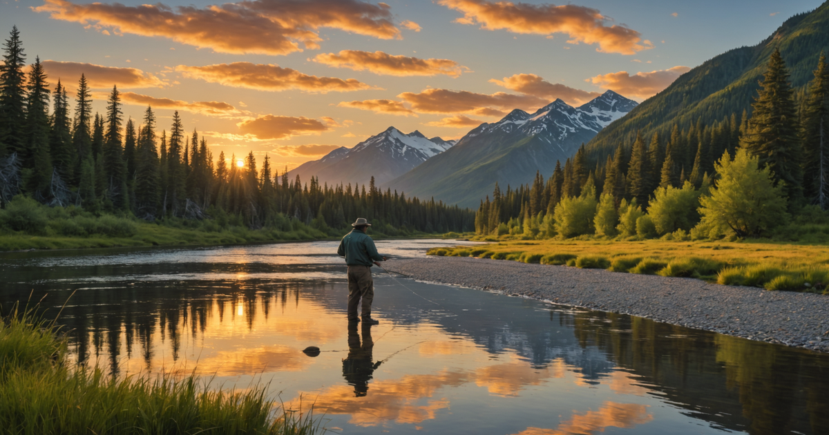 An angler casting a line in an Alaskan river under the midnight sun