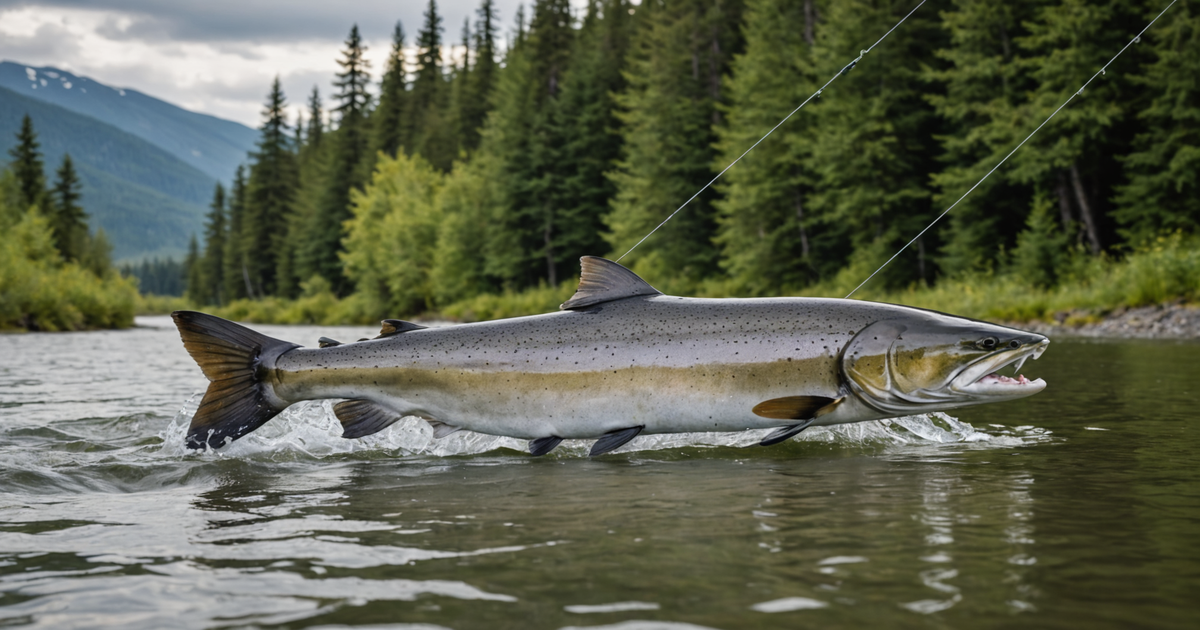 A large chinook salmon being caught in an Alaskan river.