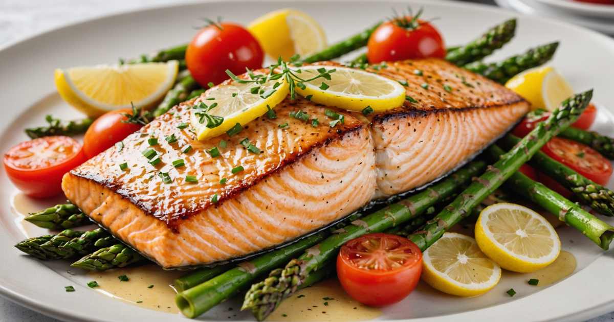Plated dish featuring grilled Chinook salmon