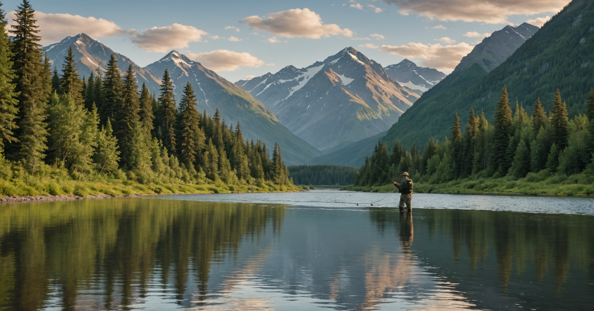 An angler casting a line into a tranquil Alaskan river, surrounded by lush greenery and towering mountains.