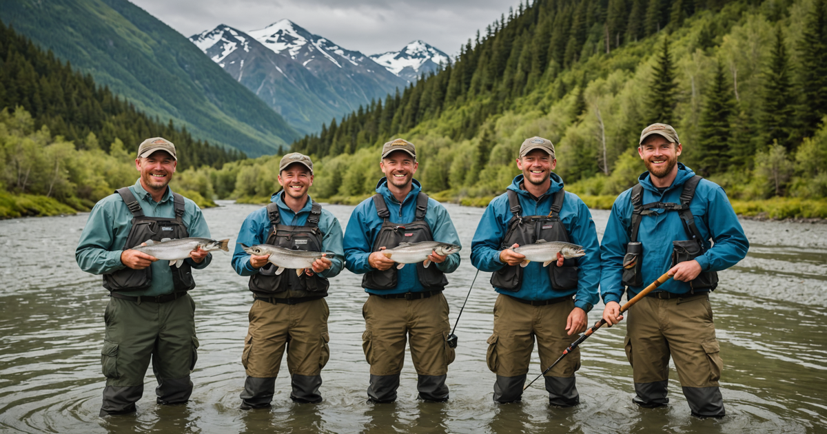 A group of anglers celebrating a successful chum salmon catch on a scenic Alaskan riverbank.