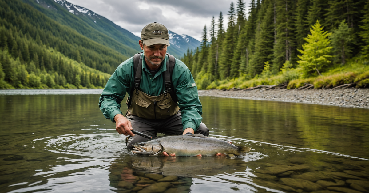 Angler releasing a chum salmon back into an Alaskan river