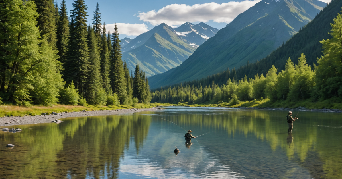 An angler fly fishing in a scenic Alaskan river