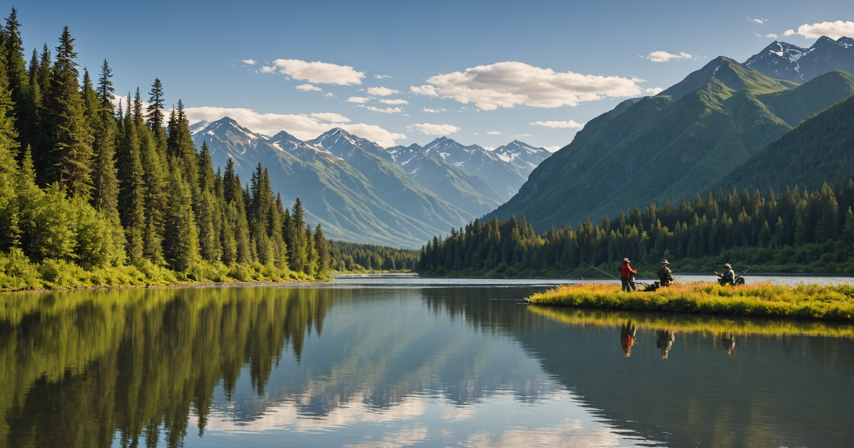 Anglers fishing in the Copper River with mountains in the background