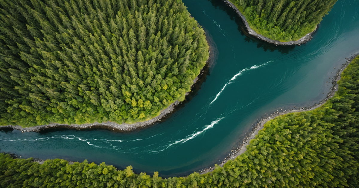 Aerial view of Copper River, lush landscapes, and salmon jumping