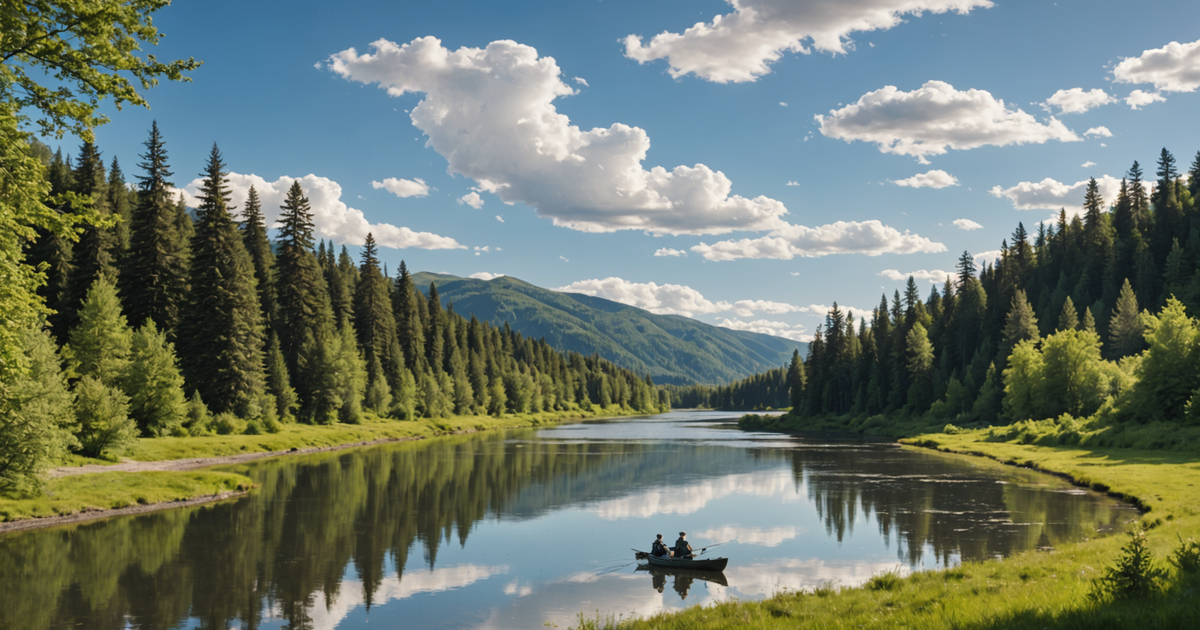 Depict a serene view of the Copper River with anglers fishing.