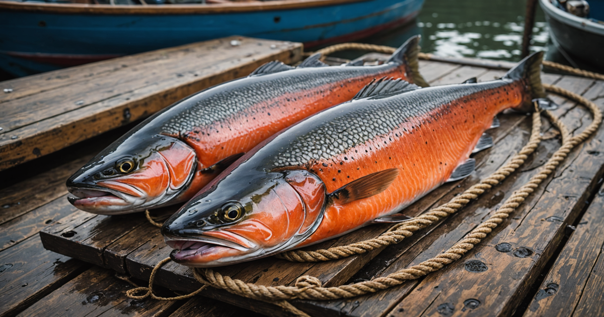 Close-up of a freshly caught Copper River salmon on a fishing boat.