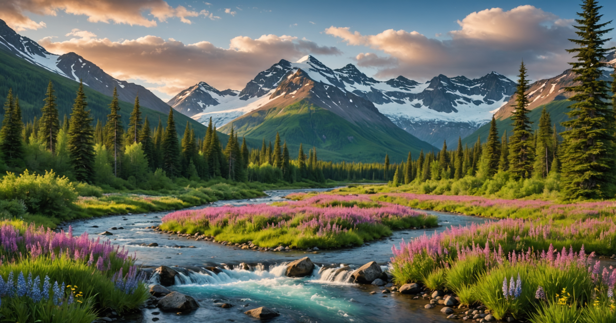 A vibrant Alaskan landscape with salmon-spawning streams
