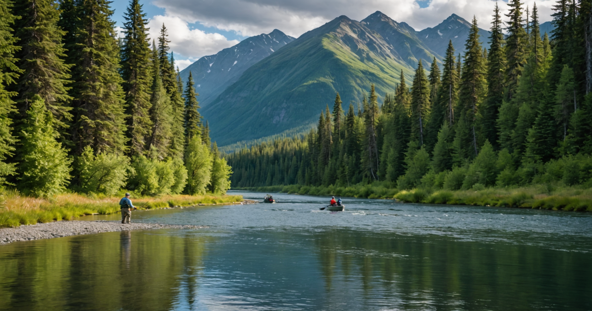 Scenic view of an Alaskan river with anglers fly fishing for silver salmon