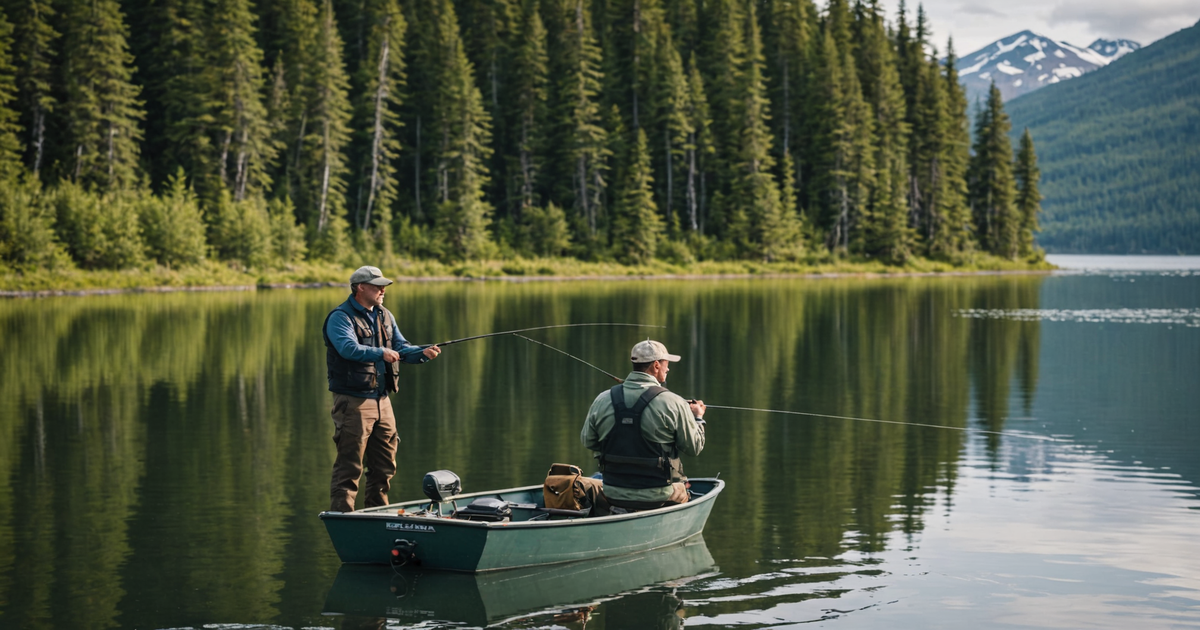 An angler with a guide on a boat, fishing for King Salmon in Alaska