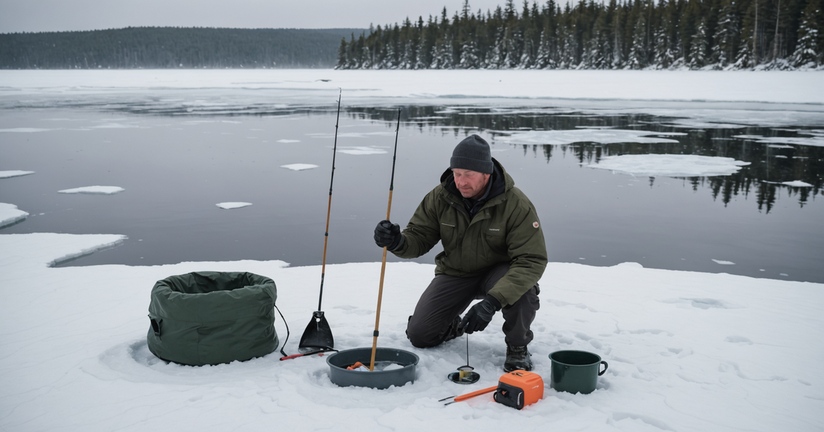 A typical setup for ice fishing salmon, featuring an angler drilling a hole on a frozen lake.