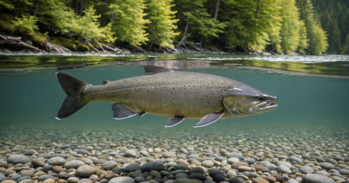 Chinook salmon swimming upstream in a clear Alaskan river