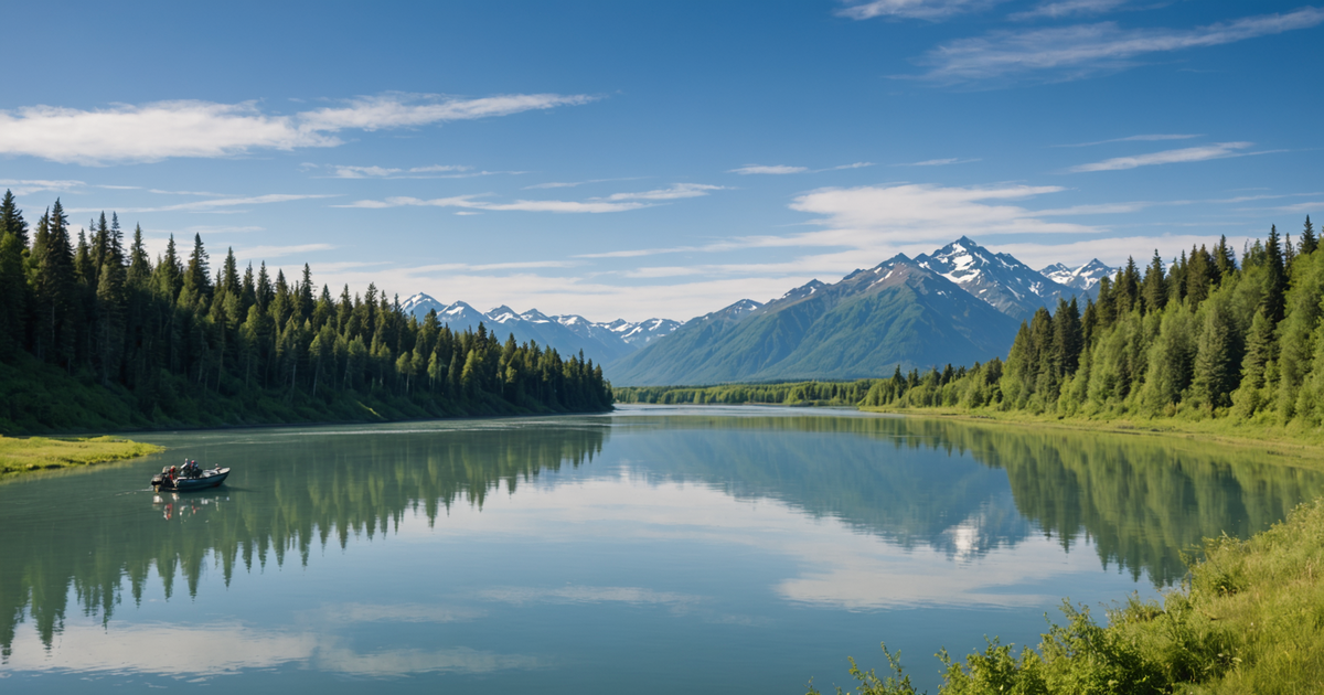 A panoramic view of the Kenai River with anglers fishing from a charter boat