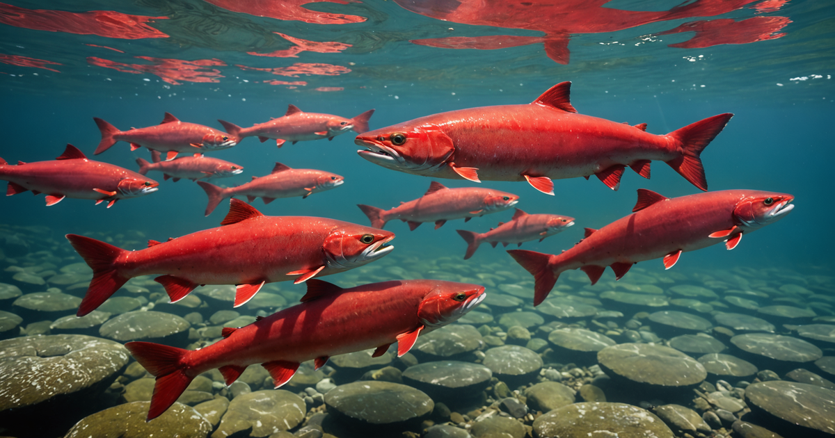 A vibrant school of Sockeye Salmon swimming upstream, showcasing their vibrant red colour against the clear river waters.