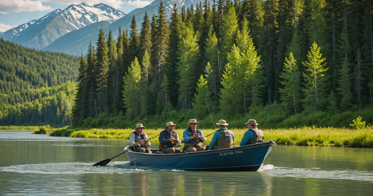 A guided fishing tour on the Kenai River, with a group of excited anglers and a knowledgeable guide.