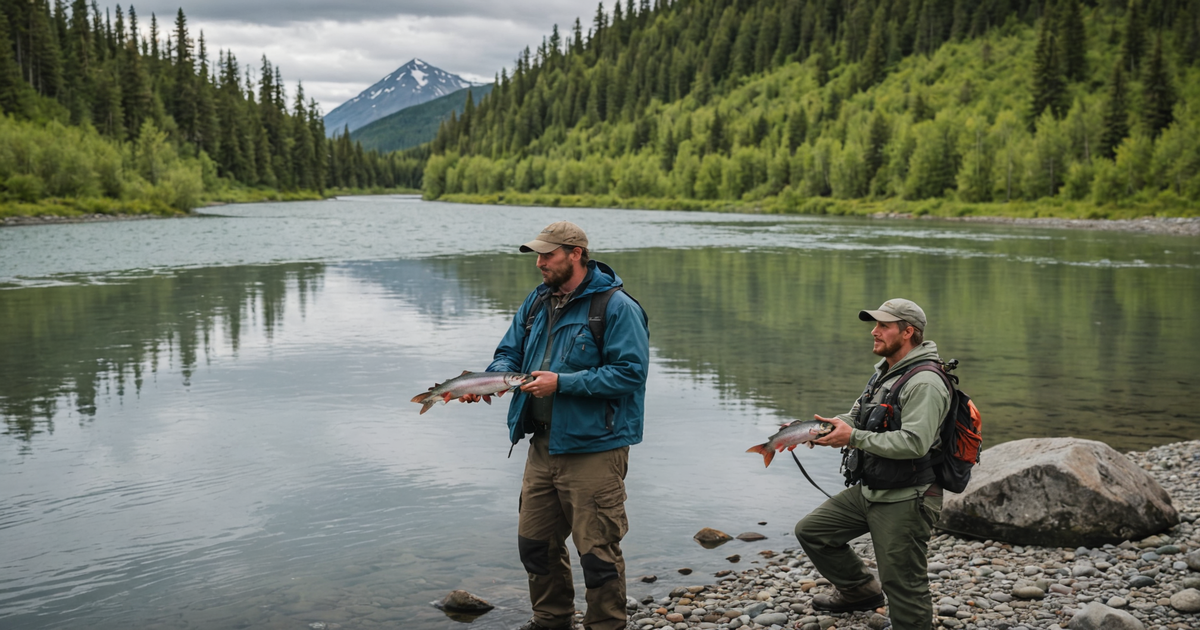 A local guide assisting an angler with a sockeye salmon catch on the Kenai River