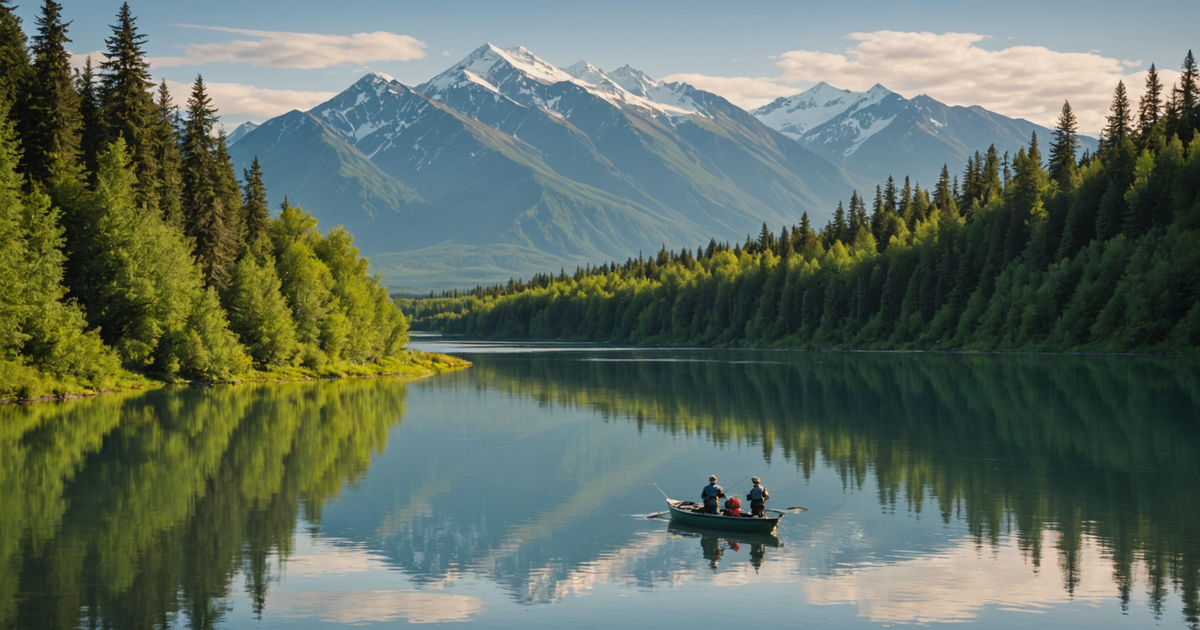 Scenic view of the Kenai River with anglers fishing for sockeye salmon