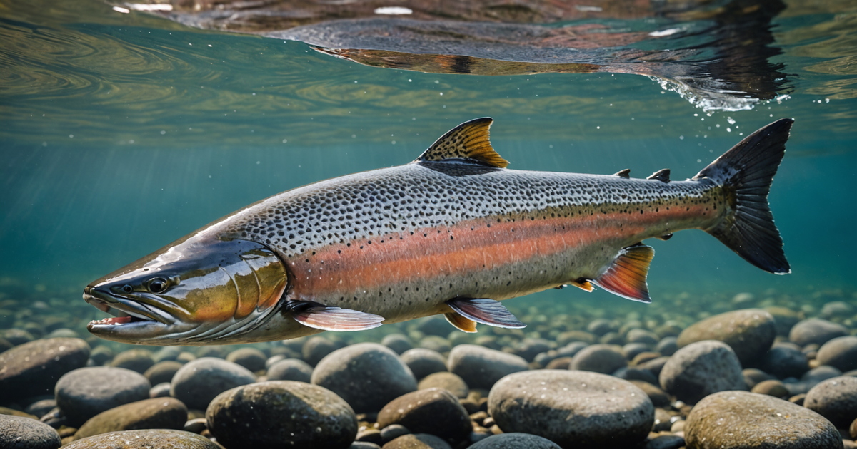 A vibrant king chinook salmon swimming upstream in a clear Alaskan river.