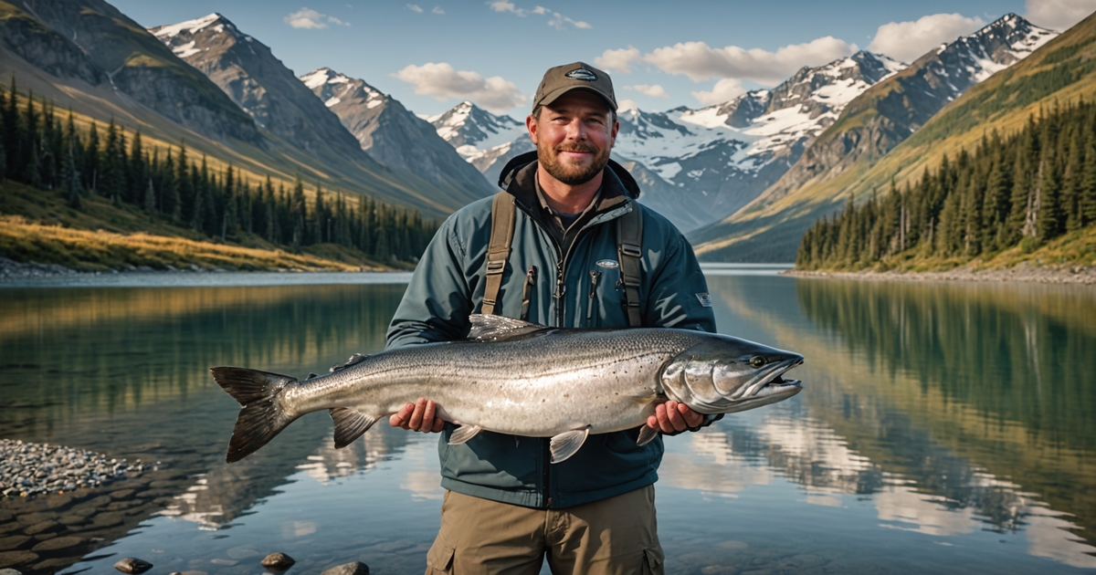 An angler holding a large king chinook salmon with an Alaskan landscape in the background.