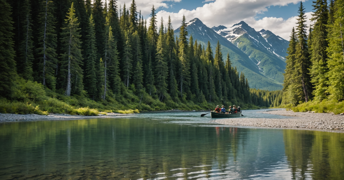 A group of anglers on a guided fishing trip in Alaska, with a focus on the river and surrounding landscape.