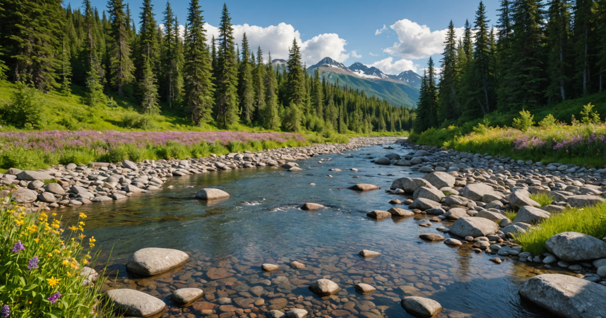 A scenic view of an Alaskan river, surrounded by lush wilderness, ideal for fishing and other outdoor activities.