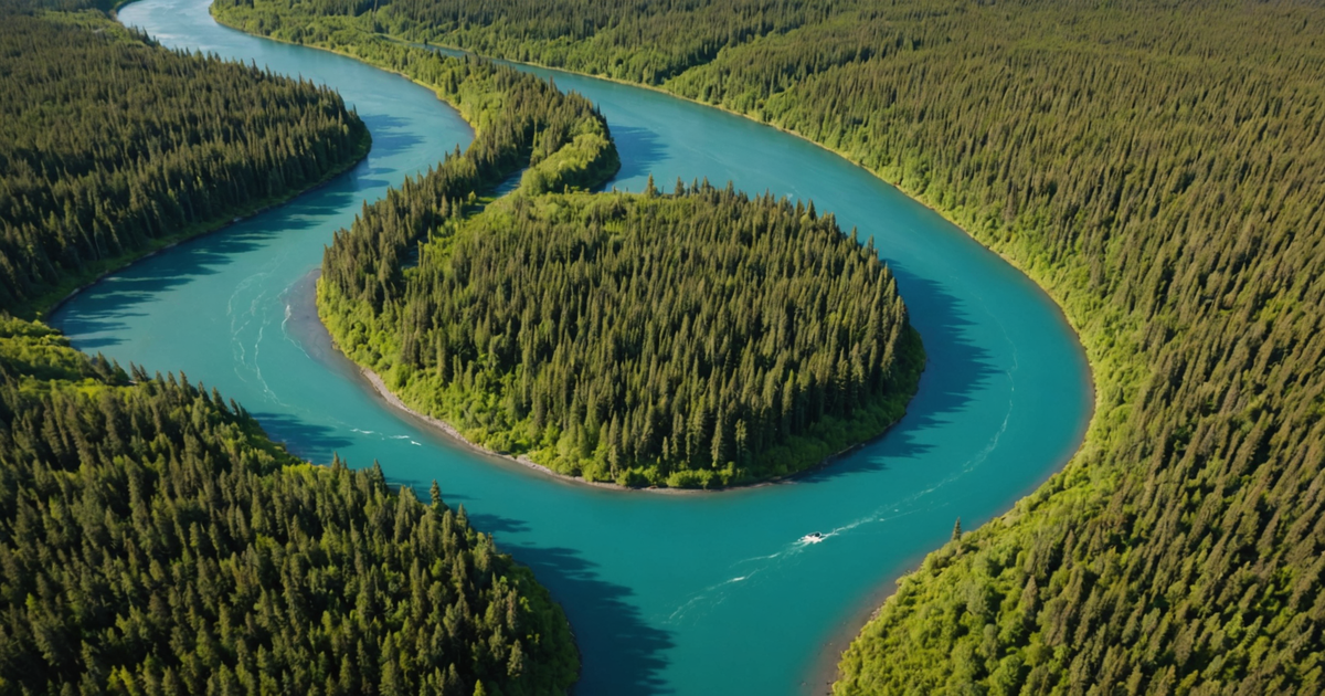 Aerial view of the Kenai River, showcasing its vibrant waters and surrounding wilderness.