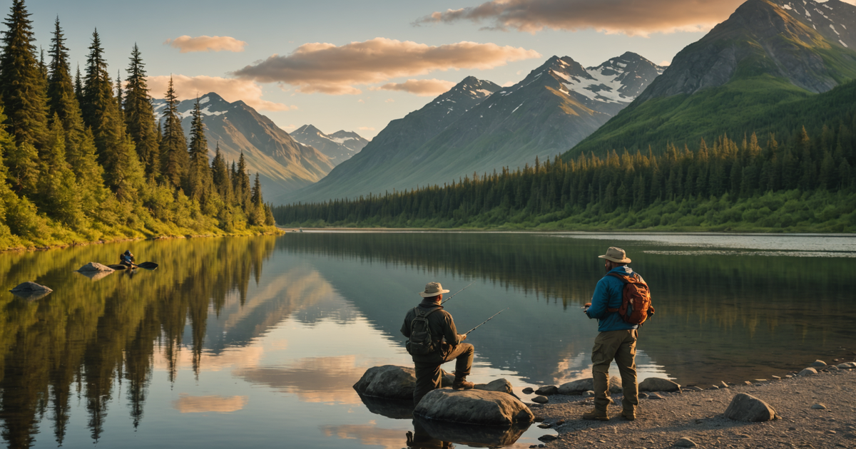 Anglers fishing for king salmon at sunrise, capturing the essence of the Alaskan wilderness.