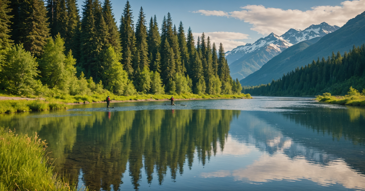 Scenic view of Alaskan river with anglers fishing for king salmon