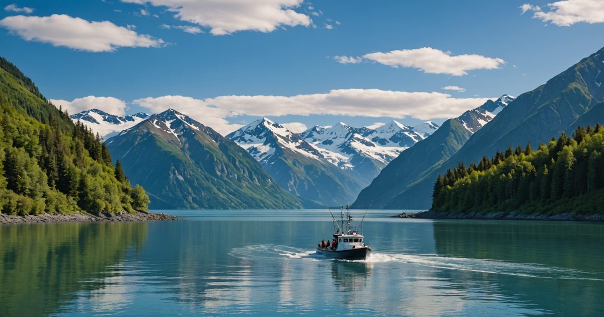 A guided fishing boat navigating the waters around Seward, Alaska, with anglers on board.