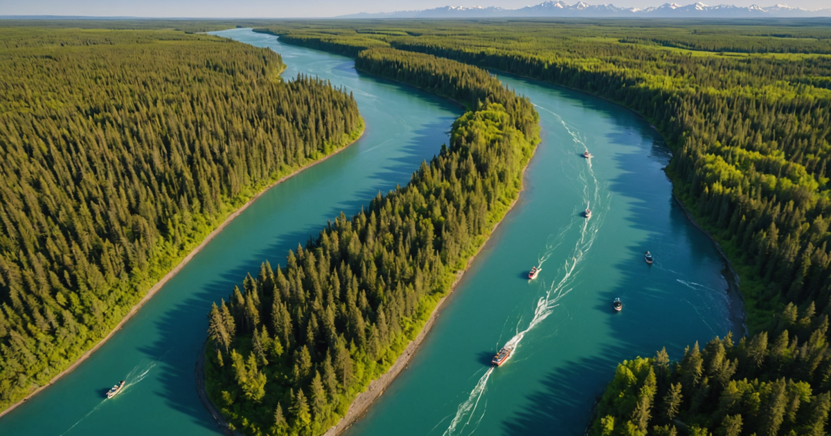 Aerial view of the Kenai River with anglers fishing from boats
