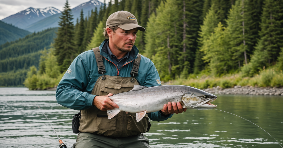 Close-up of an angler reeling in a king salmon with the backdrop of the Kenai River