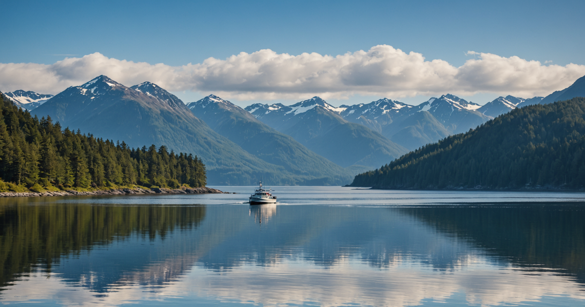 A guided fishing boat navigating the waters of Sitka, surrounded by scenic Alaskan landscapes.