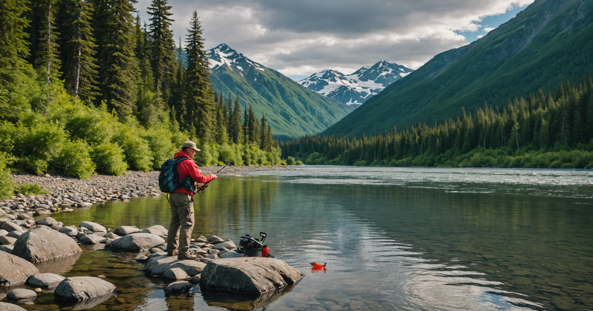 An angler capturing a red king salmon in the Alaskan wilderness